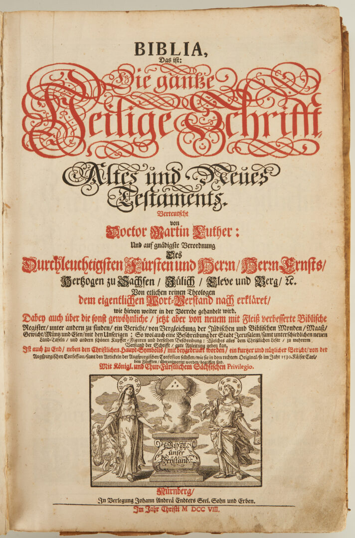 Lot 715: 2 Martin Luther German Biblical Vellum Bound Books, incl. Biblia 1708