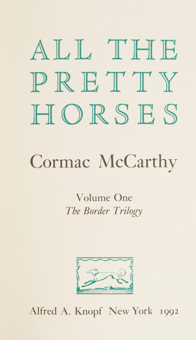 Lot 721: 5 Cormac McCarthy 1st Ed. Books, incl. Border Trilogy, plus Signed Advance