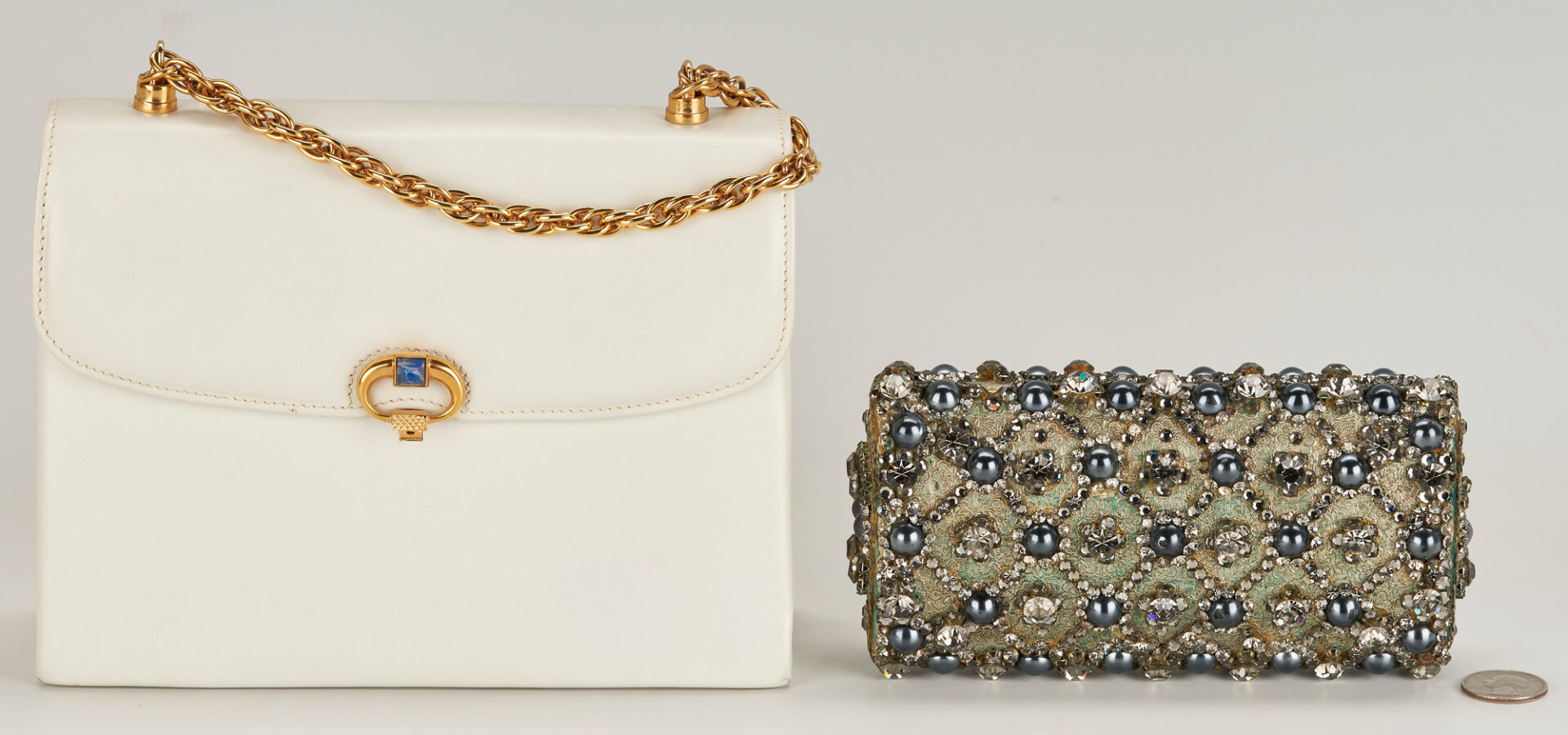 Lot 750: Gucci Jeweled Clutch plus Leather Chain Link Top Strap Bag