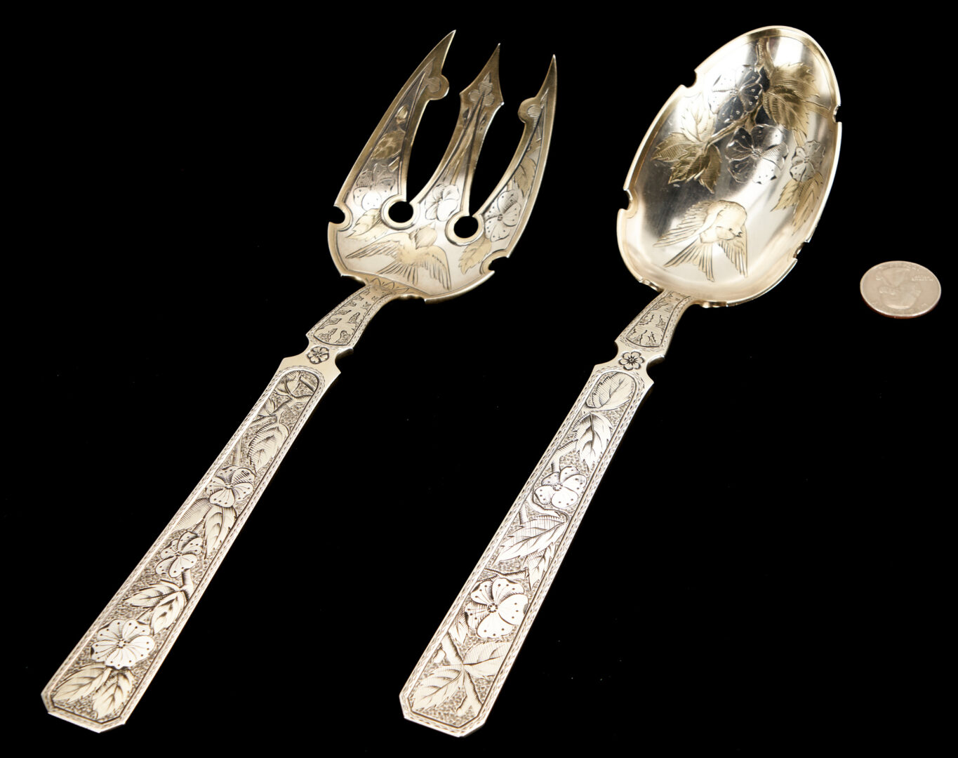 Lot 755: Geo. Shreve Aesthetic Movement Sterling Silver Serving Fork & Spoon