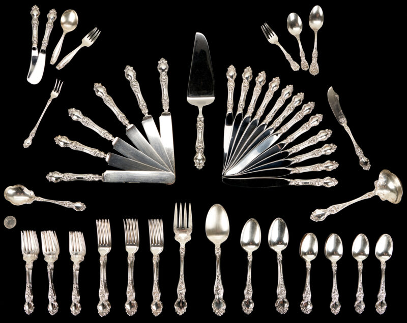 Lot 784: 72 pcs Wallace Violet Sterling Silver Flatware plus 5 other assorted pieces