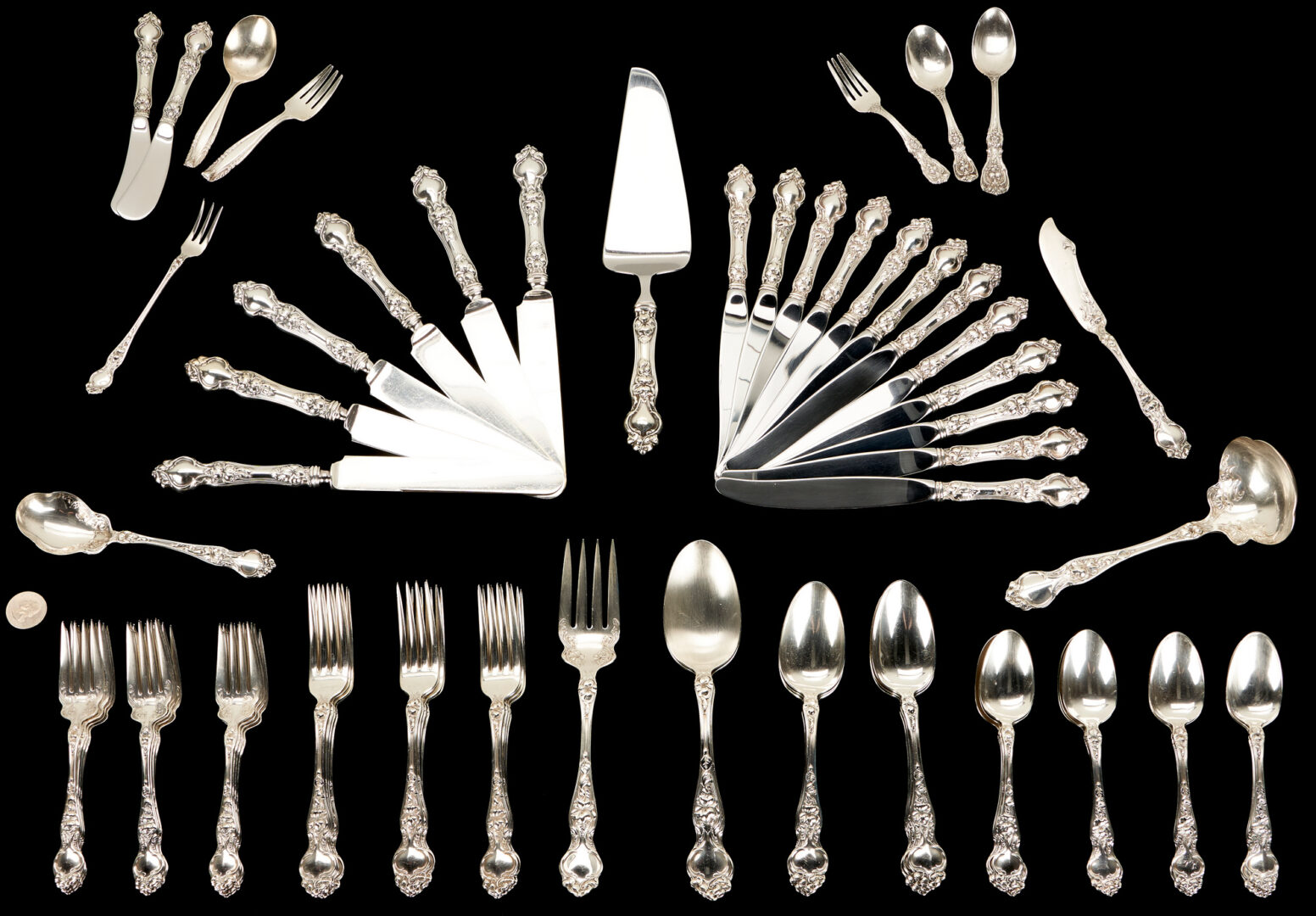 Lot 784: 72 pcs Wallace Violet Sterling Silver Flatware plus 5 other assorted pieces