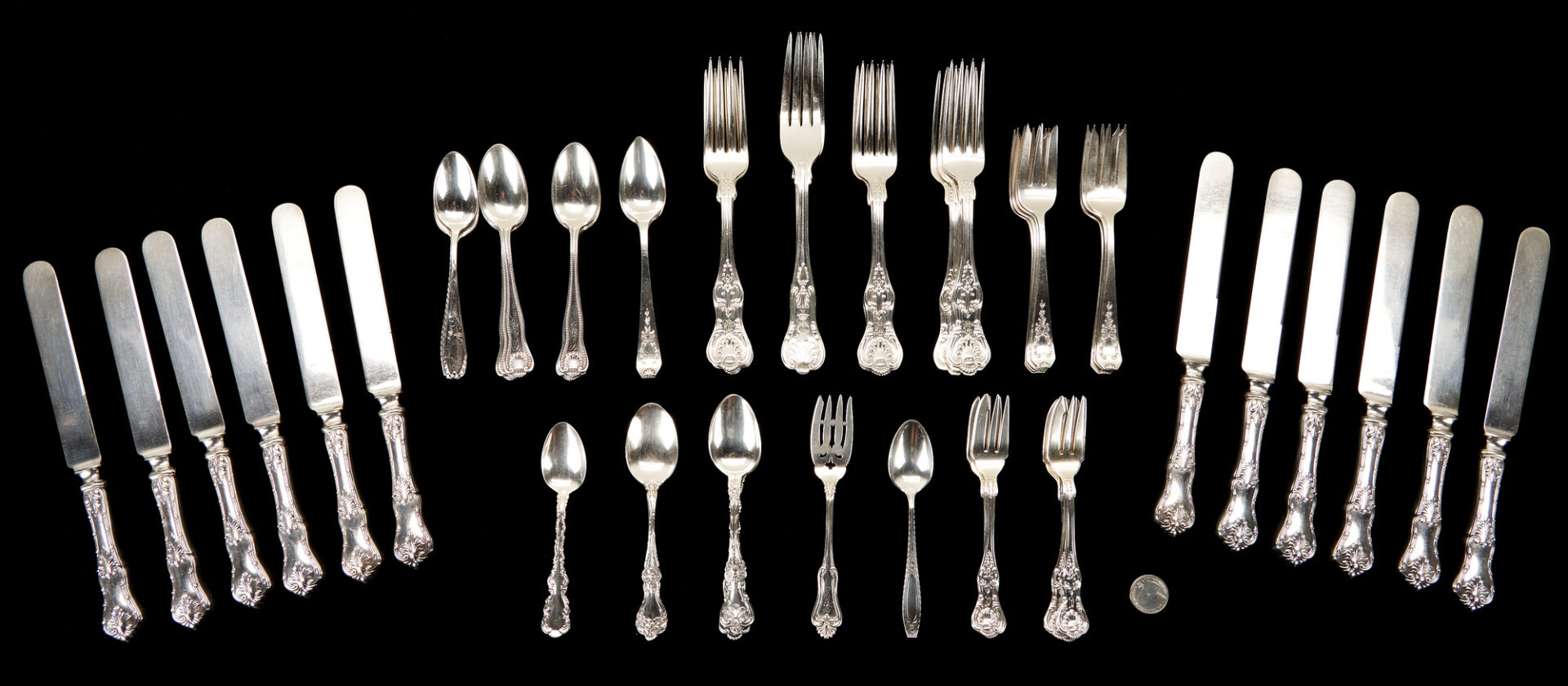 Lot 796: 58 Pcs. Assorted Sterling Silver Flatware, incl. Shell Pattern, American & European Makers