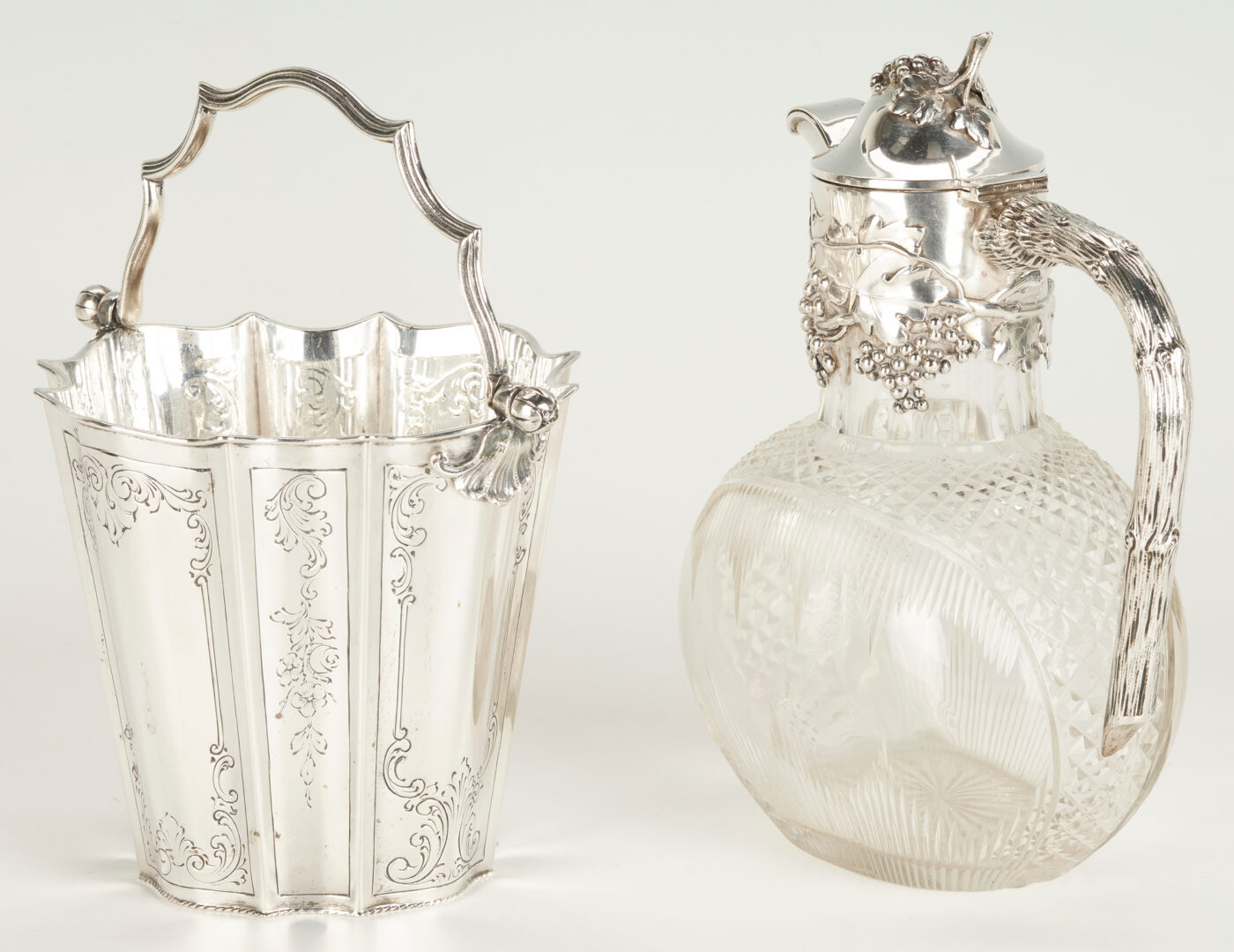 Lot 801: Continental .800 Silver Ice bucket and Crystal Wine Ewer