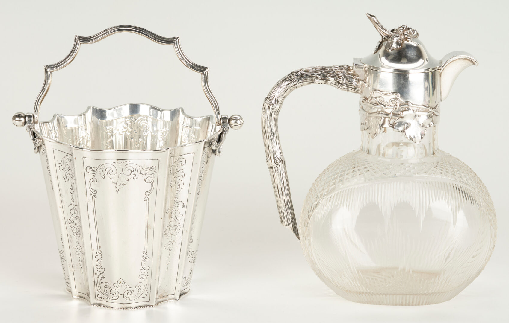 Lot 801: Continental .800 Silver Ice bucket and Crystal Wine Ewer