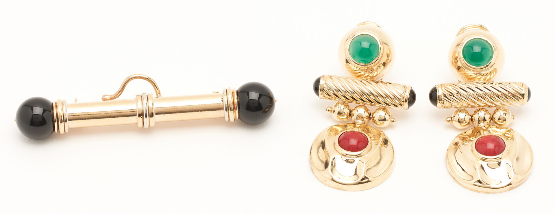 Lot 826: 14K Gold & Gemstone Brooch & 14k Gemstone Barbell Earrings