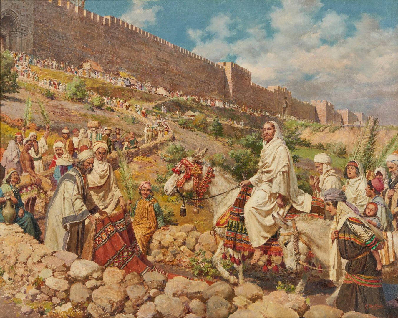 Lot 859: Fortunino Matania O/C Religious Painting, Christ Entering Jerusalem