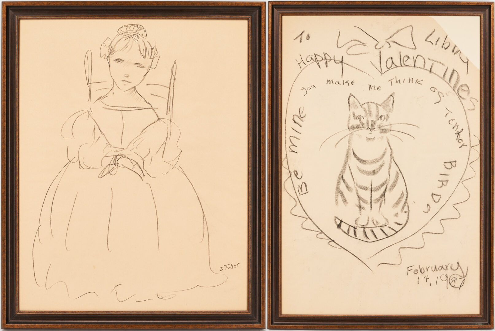 Lot 861: Two Tasha Tudor Original Signed Drawings, Girl & Valentine's Day Cat