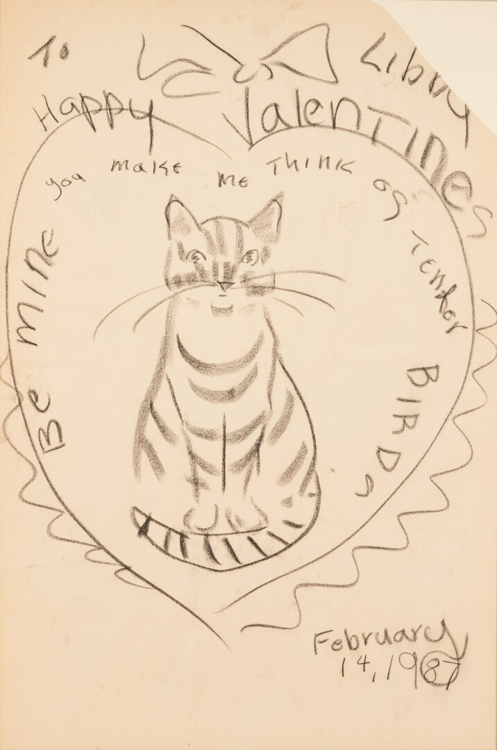 Lot 861: Two Tasha Tudor Original Signed Drawings, Girl & Valentine's Day Cat