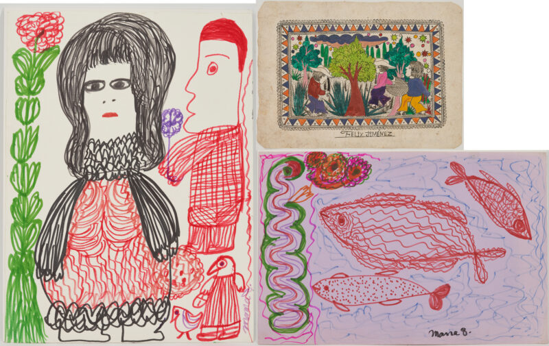 Lot 873: 3 Folk Art Drawings, incl. Mama Johnson & Felix Jimenez Chino