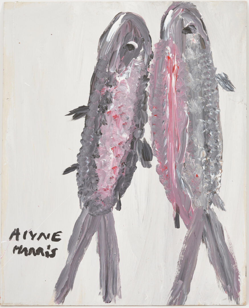Lot 875: 3 Alyne Harris Folk Art Paintings, Goat, Fish, & Winter Landscape