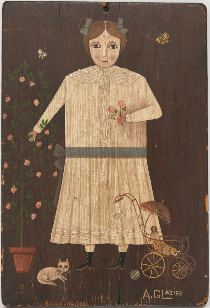 Lot 886: Arthur Glazier Folk Art Painting of a Girl Picking Flowers