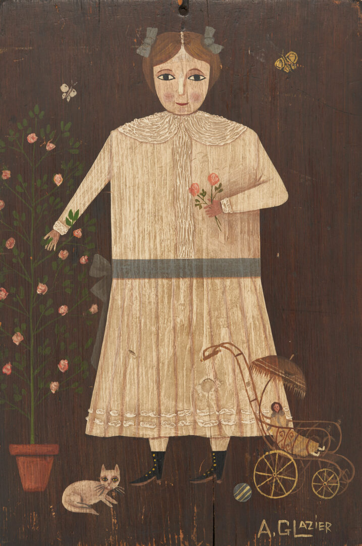 Lot 886: Arthur Glazier Folk Art Painting of a Girl Picking Flowers