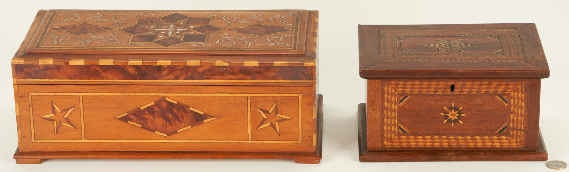 Lot 889: 2 Inlaid Folk Art Boxes, incl. Sailor Made Ditty w/ Mother of Pearl