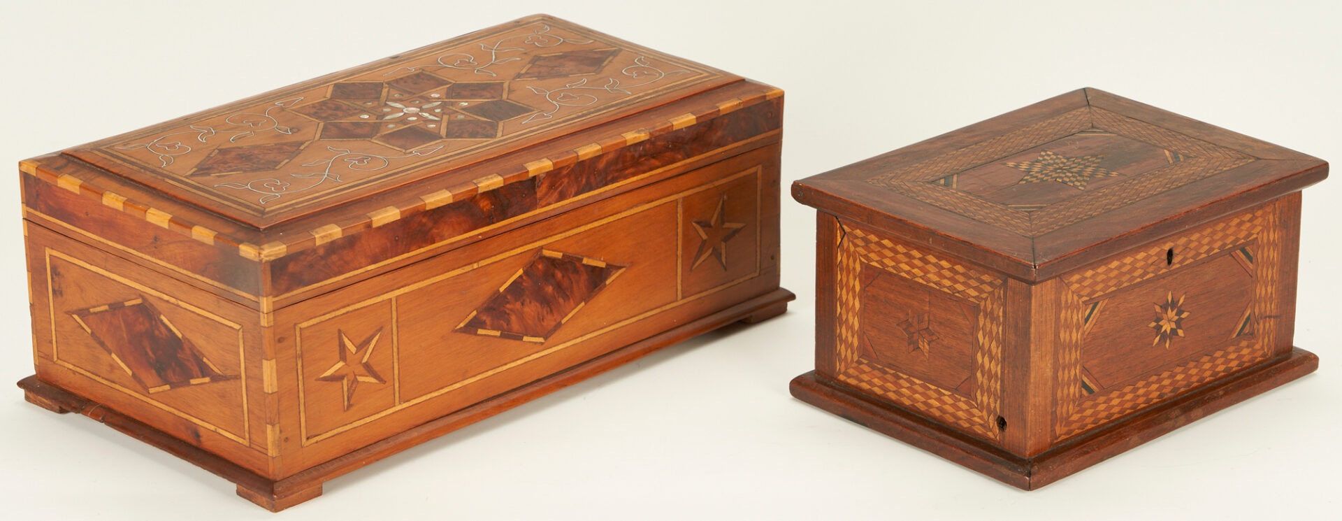 Lot 889: 2 Inlaid Folk Art Boxes, incl. Sailor Made Ditty w/ Mother of Pearl