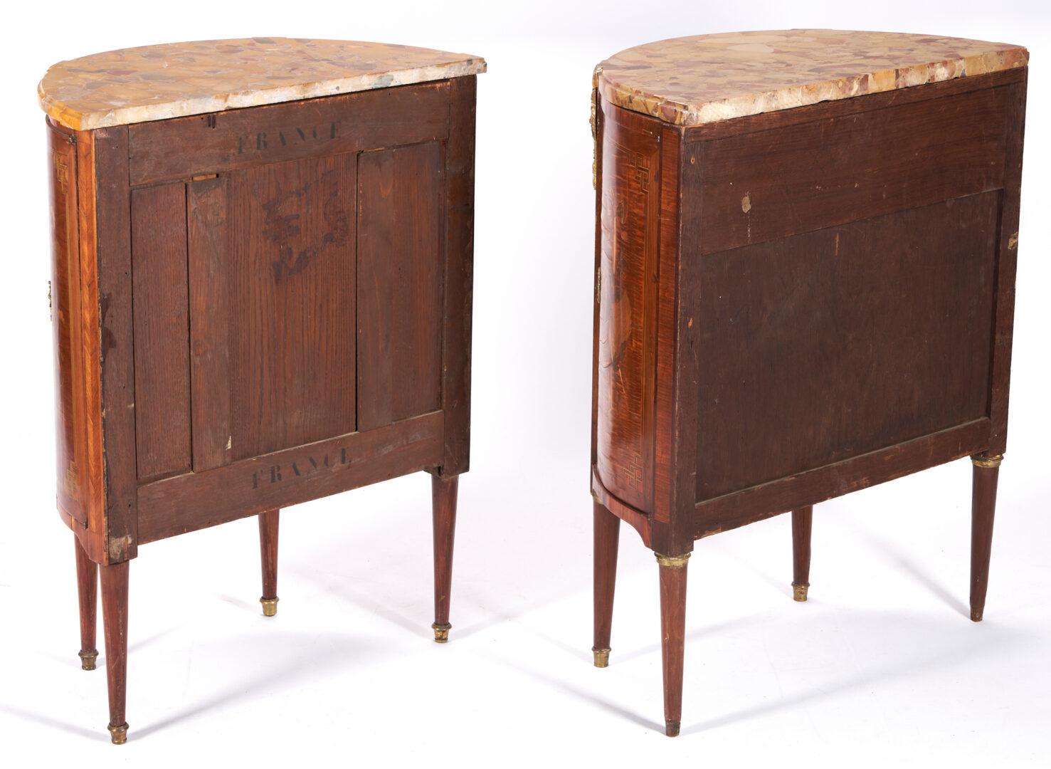 Lot 905: Near Pair of Louis XVI Style Marquetry Demilune Commodes