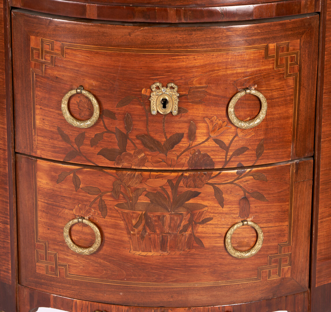 Lot 905: Near Pair of Louis XVI Style Marquetry Demilune Commodes