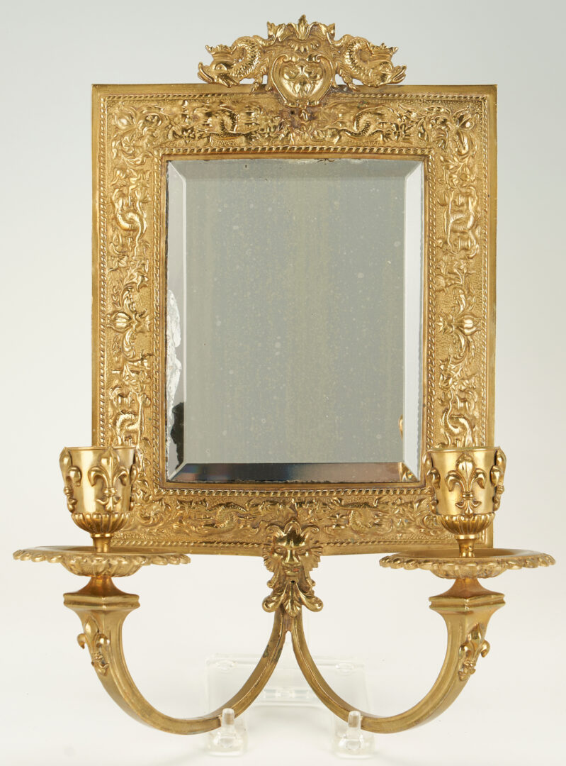 Lot 906: 3 French Gilt Brass Items:  Mirrored Sconces & Morbier Wall Clock
