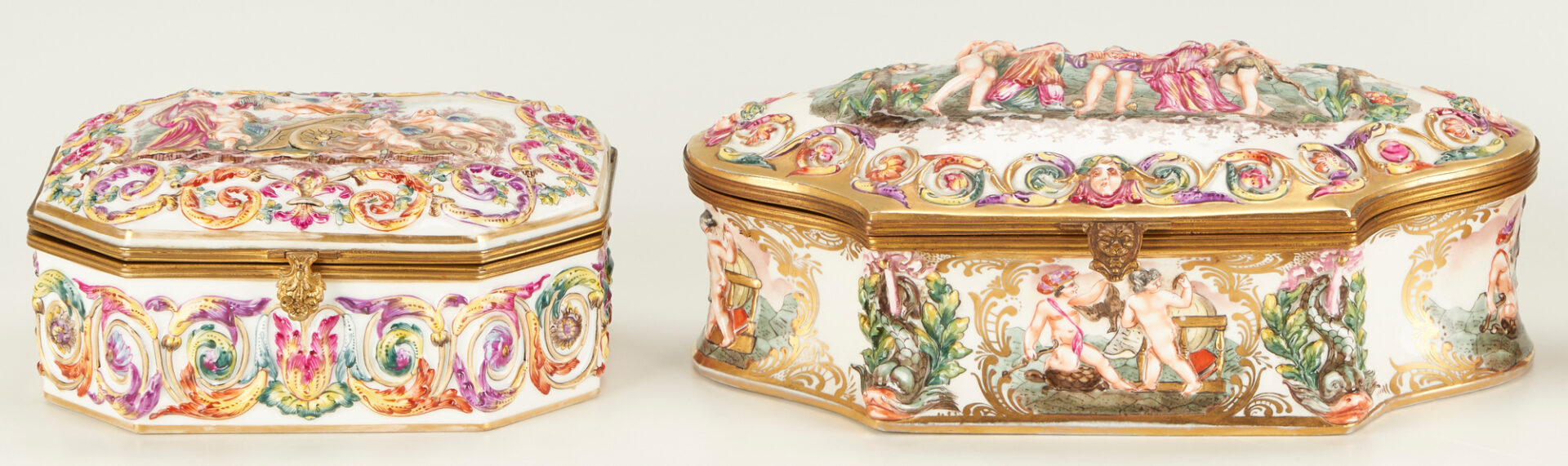 Lot 913: 3 Capodimonte Ormolu Porcelain Dresser Boxes