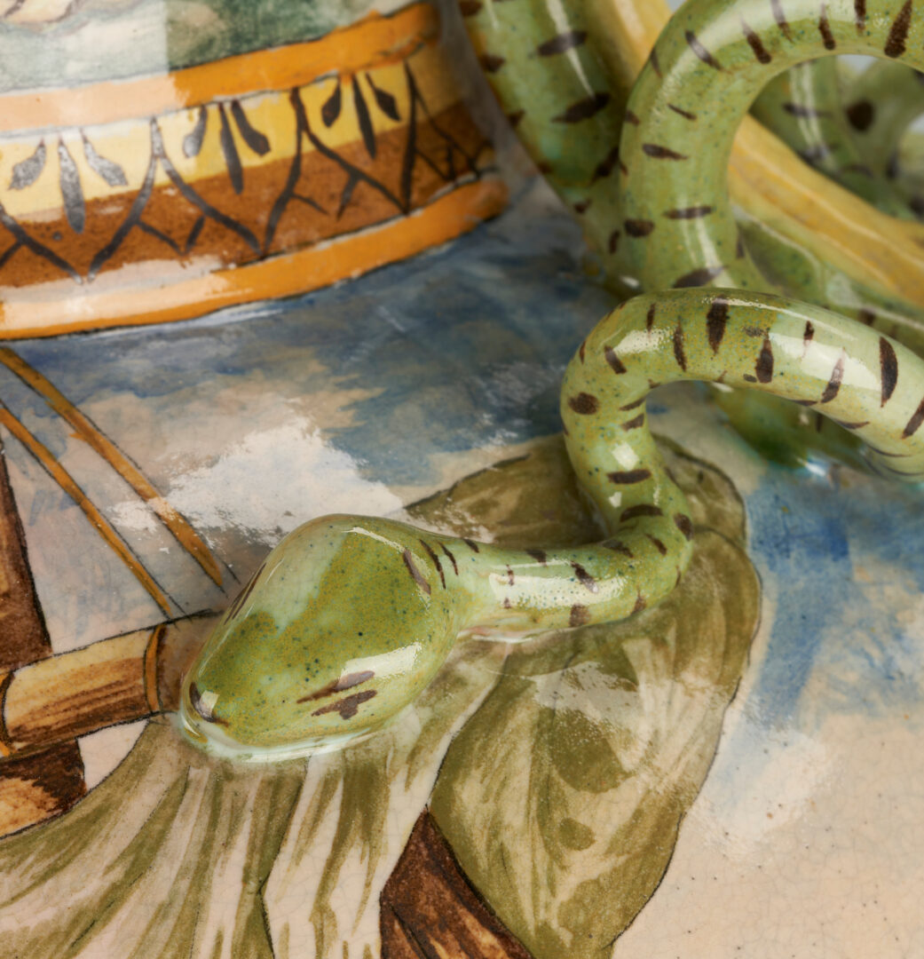 Lot 932: Pair of Large Majolica Snake Handled Urns