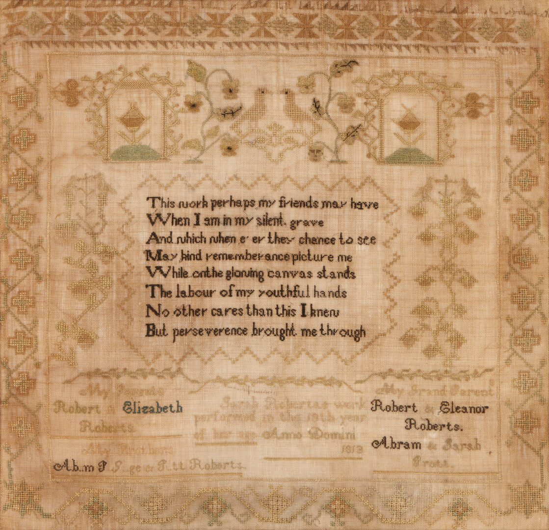 Lot 941: 1813 Pennsylvania Needlework Sampler with Verse, by Sarah Roberts