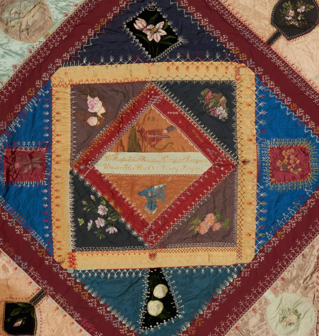 Lot 947: 2 American Crazy Quilts incl. Small Piece Quilt Top & Embroidered Velvet Quilt