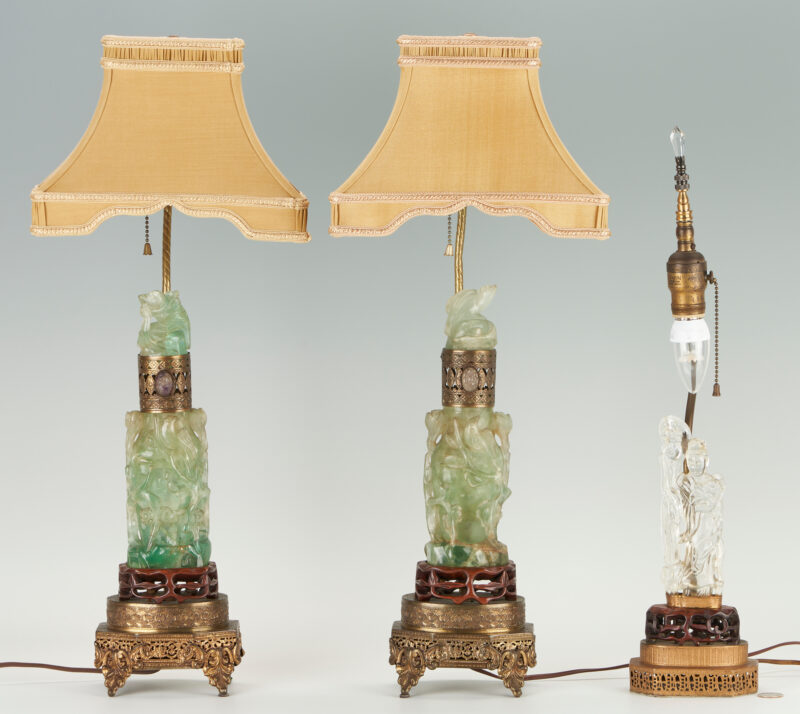 Lot 955: 3 Asian Carved Lamps, incl. Chinese Fluorite