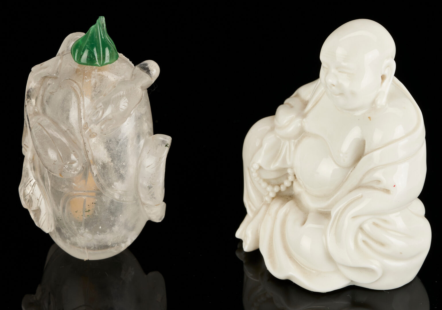 Lot 960: 2 Chinese Items: Blanc de Chin Buddha & Rock Crystal Snuff Bottle