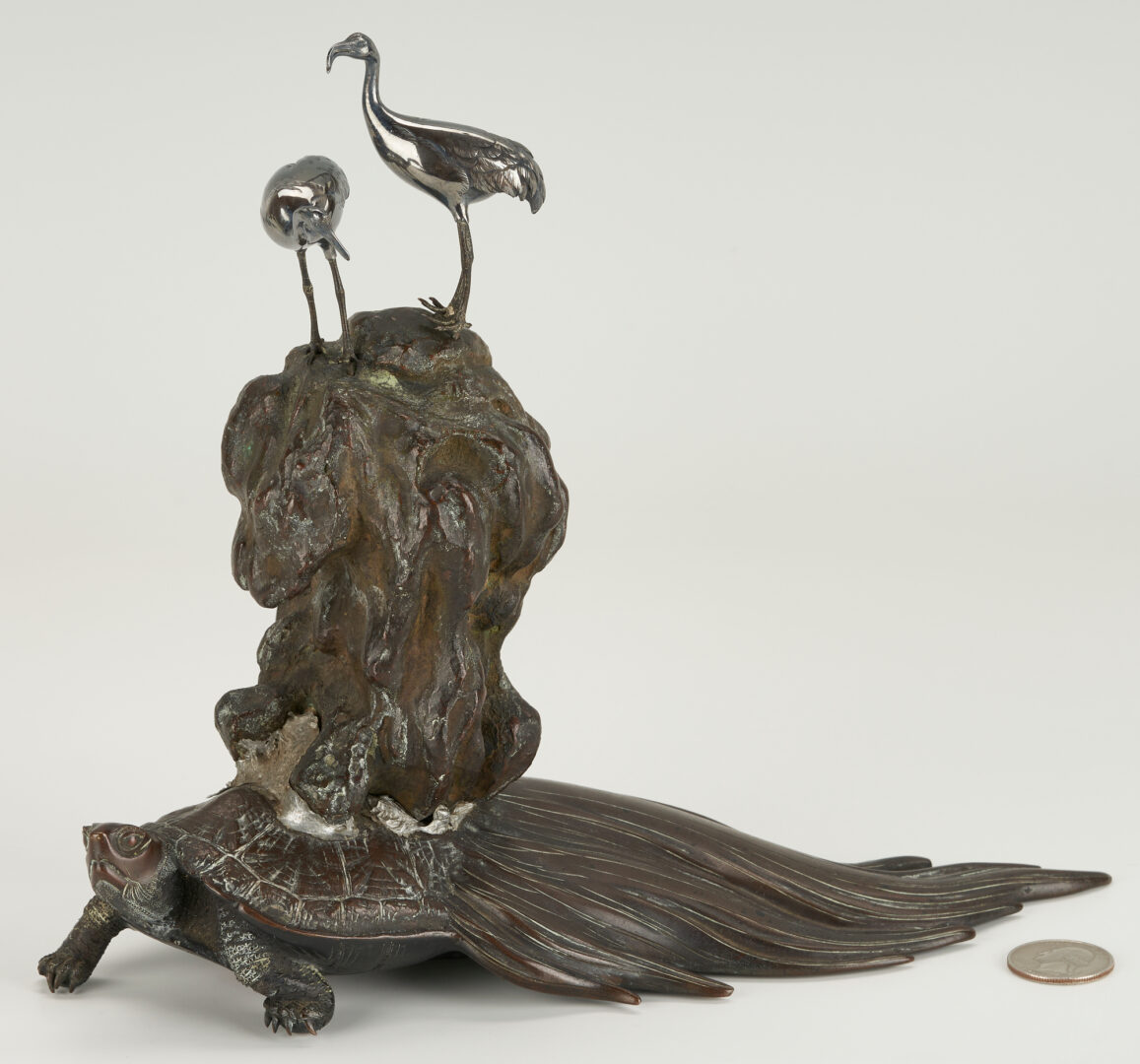 Lot 971: Signed Korean Bronze Dragon Turtle Sculpture of Bixi w/ Silver Cranes