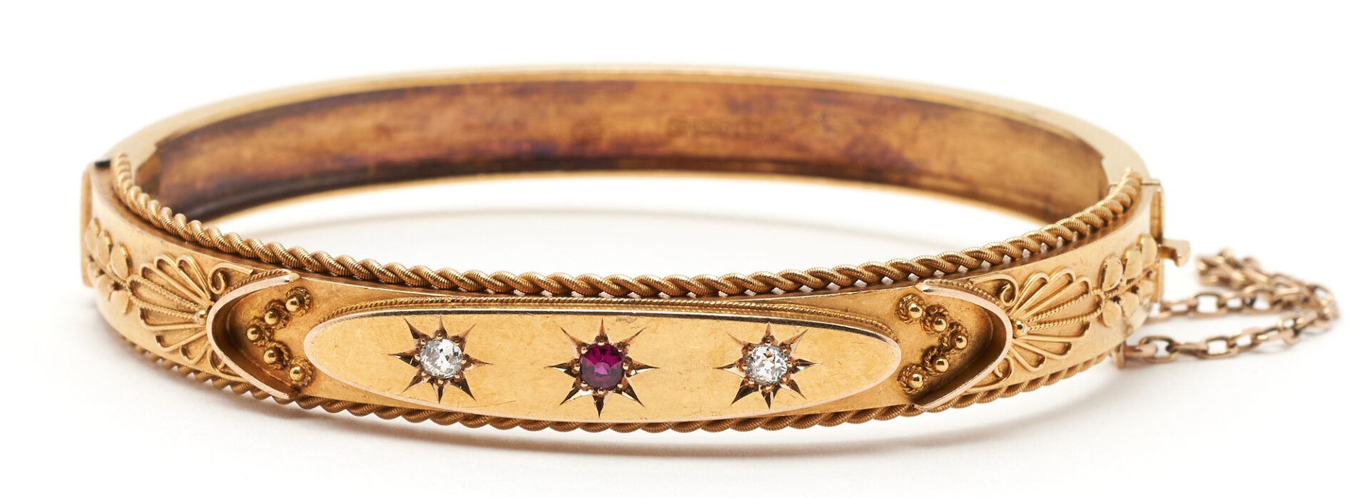 Lot 998: English Victorian 15K Ruby & Diamond Bangle Bracelet