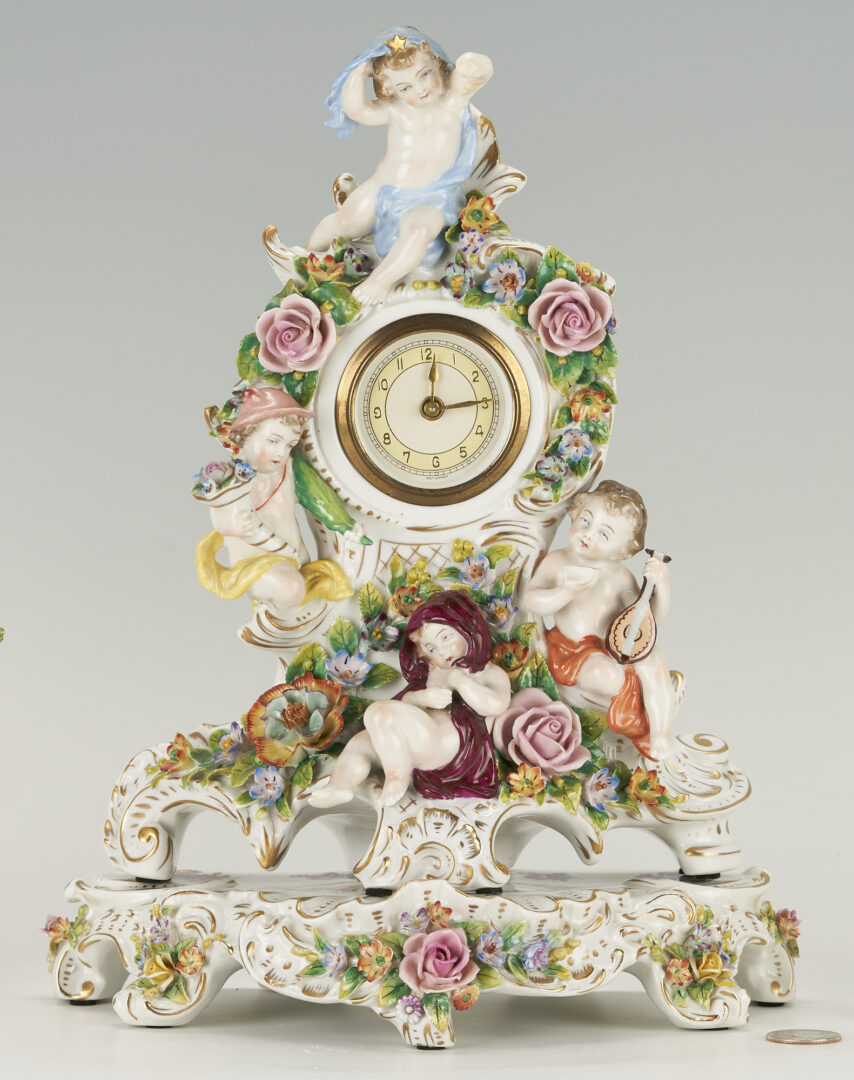 Lot 1002: Sitzendorf Porcelain Clock plus pair Chelsea Candlesticks