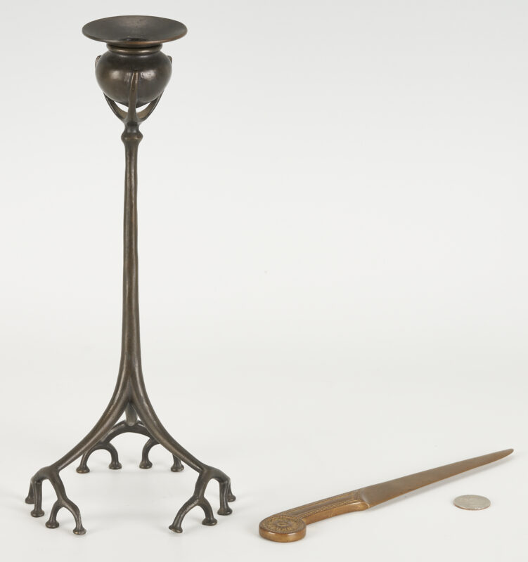 Lot 100: 2 Tiffany Studios Bronze Item:  Art Nouveau Root Candlestick & Adams Letter Opener