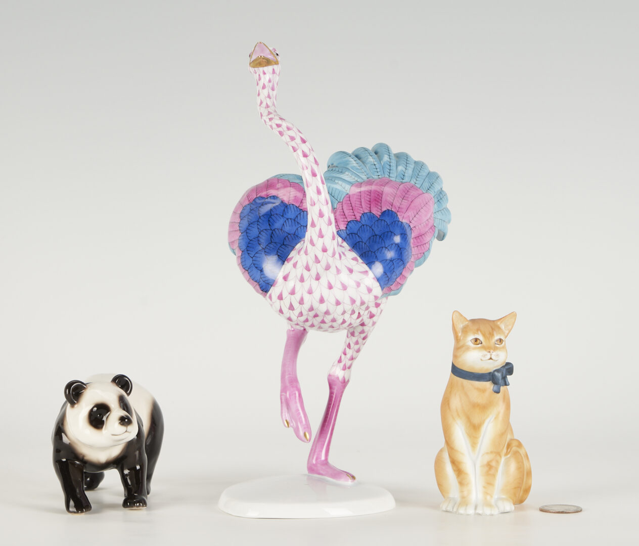Lot 1012: 3 Porcelain Figures Incl. Herend Ostrich & Tabby Cat & Franz Panda
