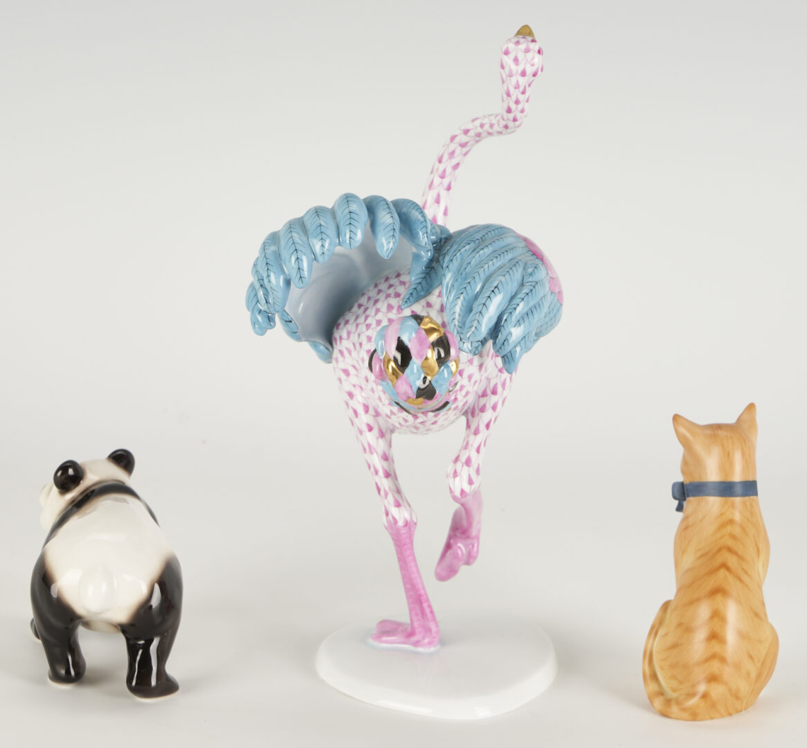 Lot 1012: 3 Porcelain Figures Incl. Herend Ostrich & Tabby Cat & Franz Panda