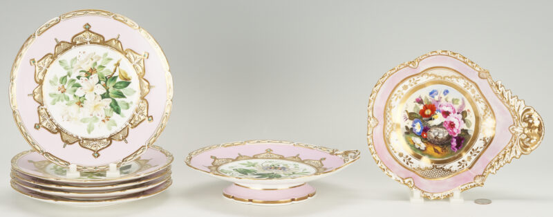 Lot 1013: 7 pcs. Pink Ground Porcelain, incl. Coalport Dessert Set & Paris Porcelain