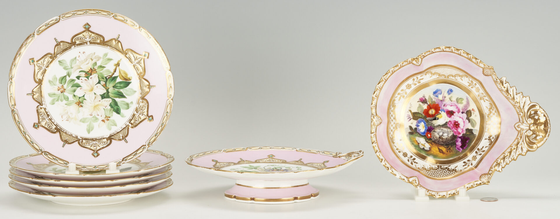 Lot 1013: 7 pcs. Pink Ground Porcelain, incl. Coalport Dessert Set & Paris Porcelain