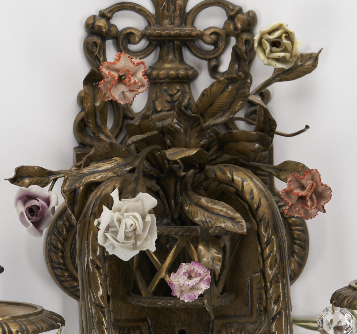 Lot 1015: 3 French Bronze & Porcelain pcs., incl. Floral Chandelier & Wall Sconces