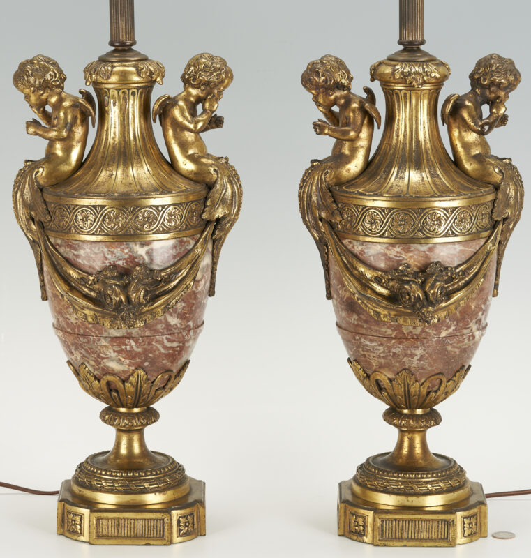 Lot 1016: Pair of Neoclassical Marble & Gilt Bronze Cherub Lamps