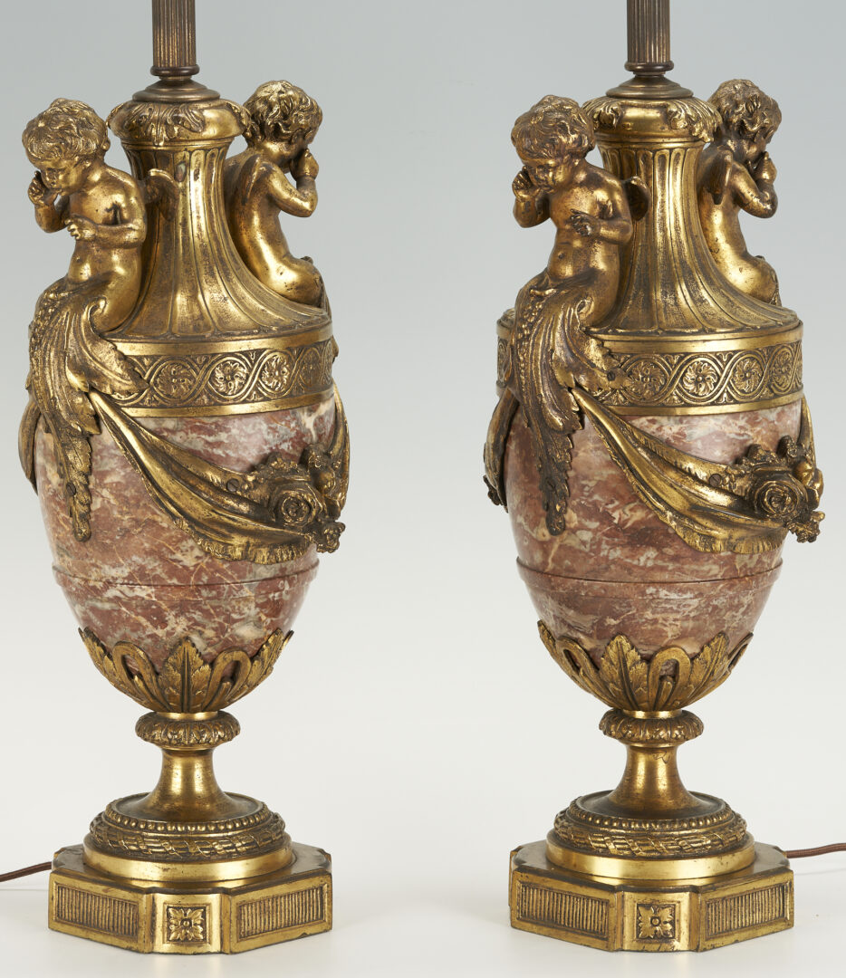 Lot 1016: Pair of Neoclassical Marble & Gilt Bronze Cherub Lamps