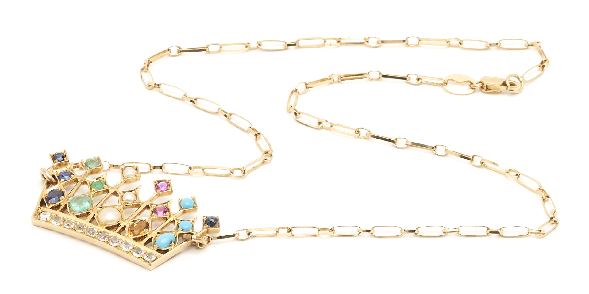 Lot 1043: 18K Yellow Gold & Gemstone Crown Necklace