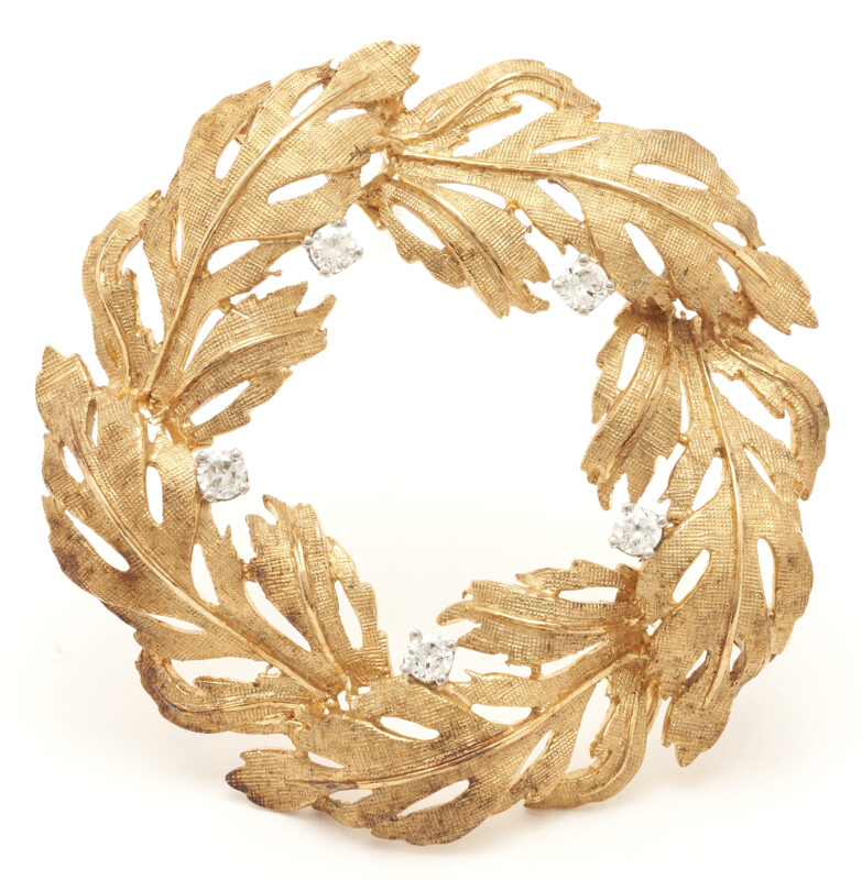 Lot 1058: 14K Gold & Diamond Wreath Brooch