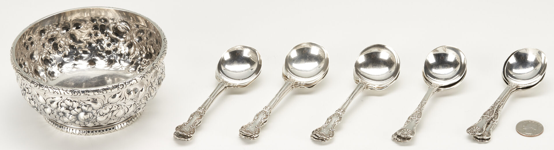 Lot 1096: 17 Sterling Silver Items, Gorham Soup Spoons & Howard Repousse Bowl