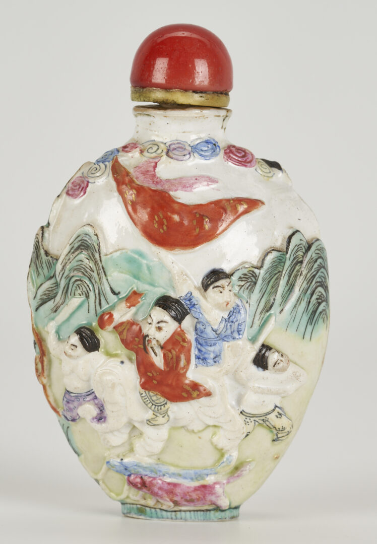 Lot 10: 5 Chinese Ceramic items incl. Figural Snuff Bottle and Millefleur Bowl