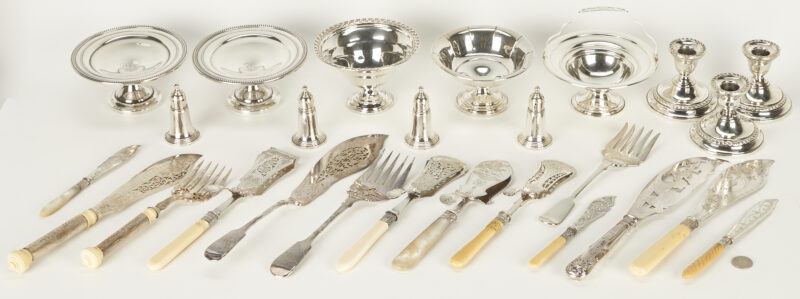 Lot 1112: Assorted Weighted Sterling & Silverplate Serving Items, 26 total