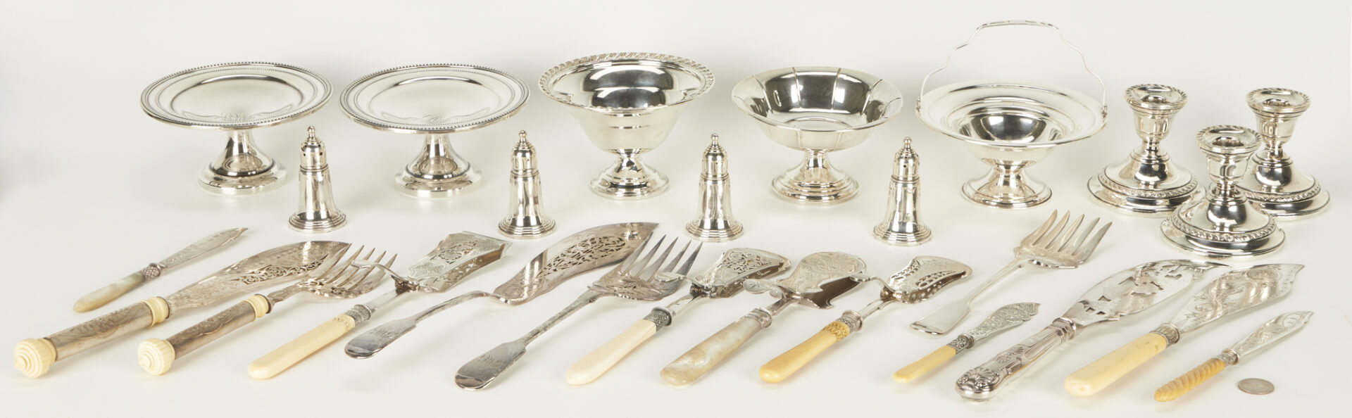 Lot 1112: Assorted Weighted Sterling & Silverplate Serving Items, 26 total