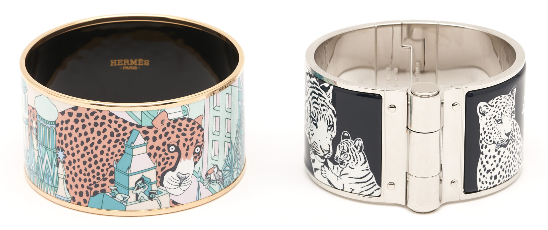 Lot 1143: 2 Limited Edition Hermes Extra Wide Printed Enamel Bracelets, Wild Cats