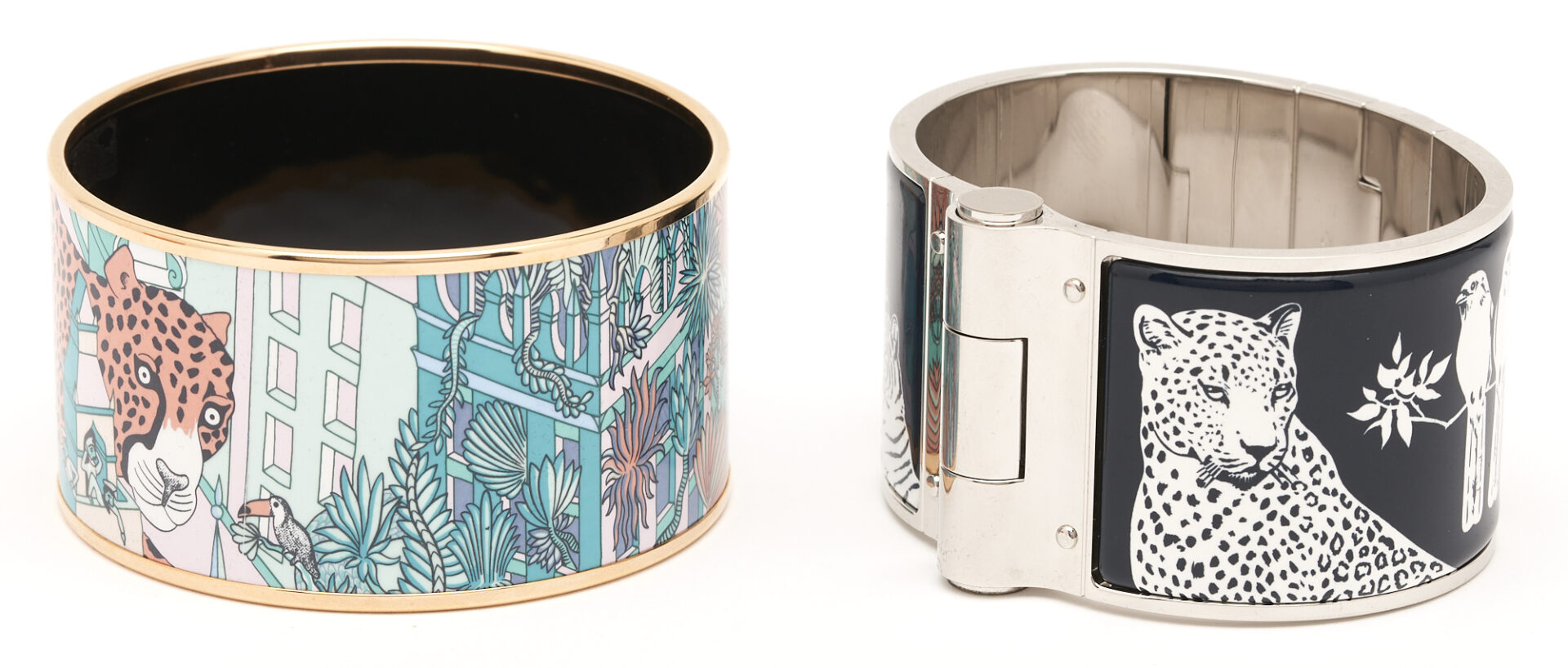 Lot 1143: 2 Limited Edition Hermes Extra Wide Printed Enamel Bracelets, Wild Cats