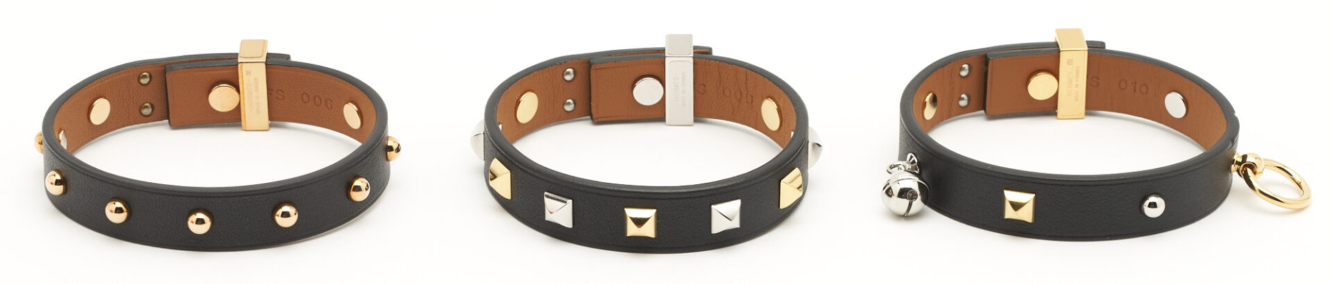 Lot 1150: 3 Hermes Mini Dog Leather Bracelets, Clous Carres, Rounds, & Mix