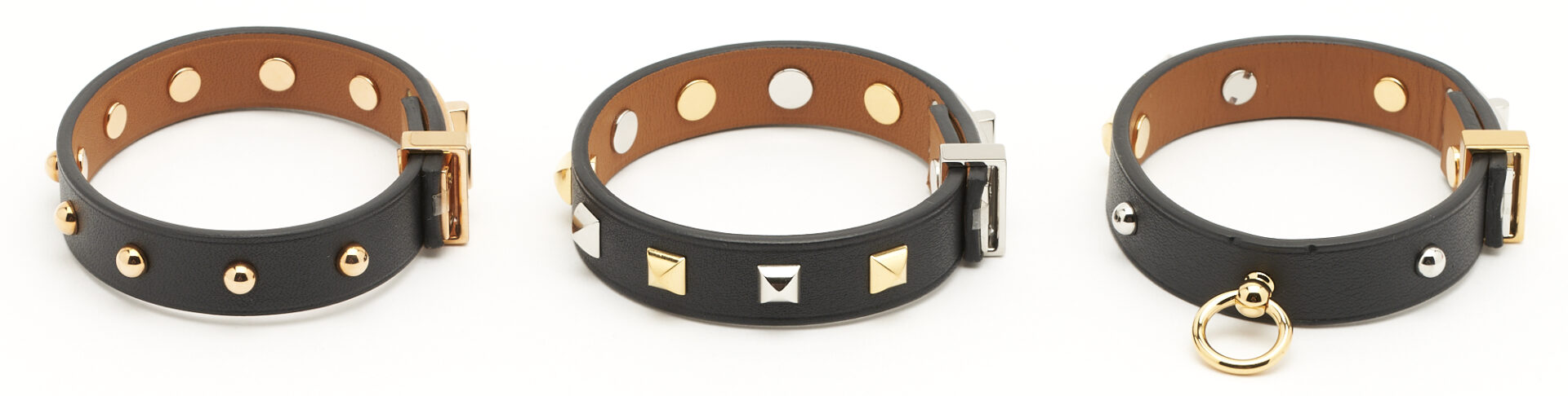 Lot 1150: 3 Hermes Mini Dog Leather Bracelets, Clous Carres, Rounds, & Mix