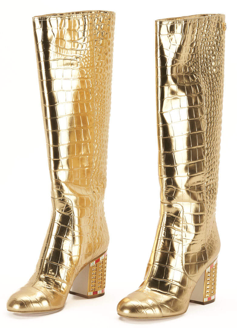 Lot 1174: Chanel Gold Crocodile Embossed Calfskin Boots W/ Jeweled Block Heels